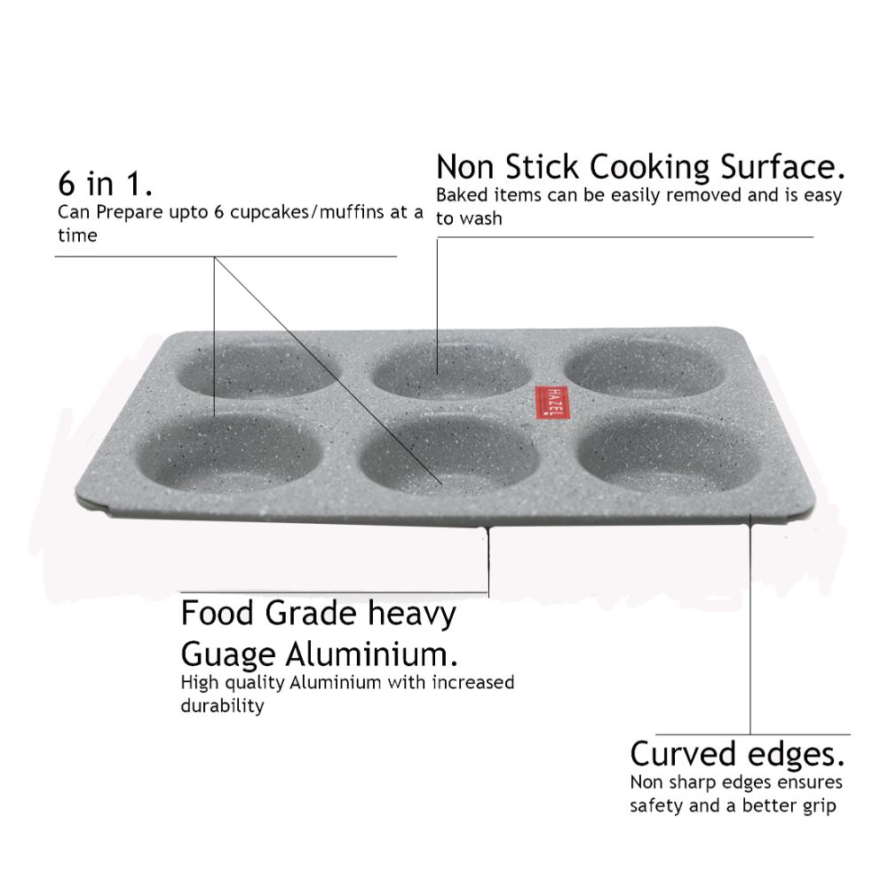 HAZEL Alfa Heavy Gauge Preimium Aluminium Granite Finish Non Stick Microwave Safe Muffin Tray, Grey