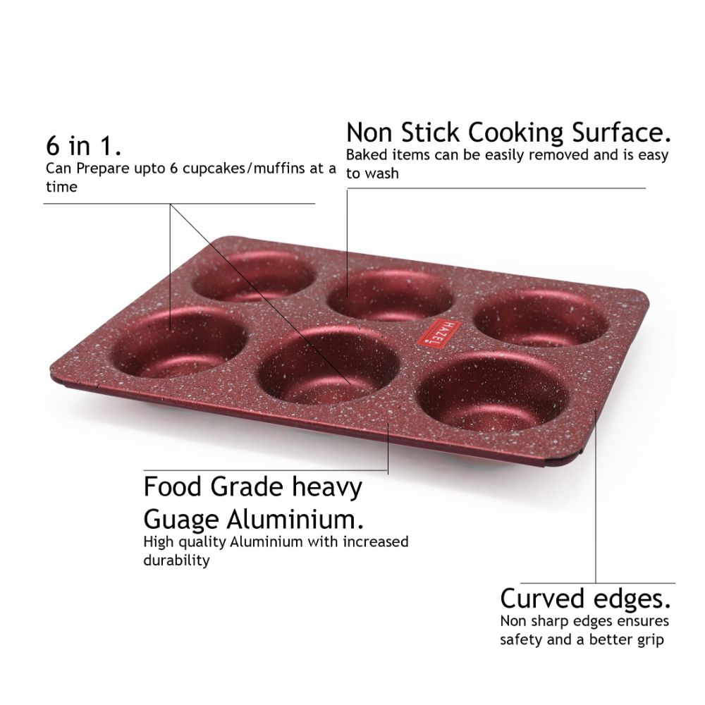 HAZEL Alfa Heavy Gauge Preimium Aluminium Granite Finish Non Stick Microwave Safe Muffin Tray, Red