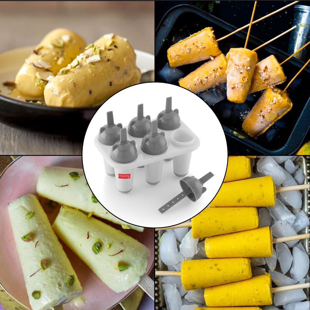 HAZEL Plastic Reusable Kulfi Mould Set of 6 | Kulfi Maker For Children and Adults | Homemade Candy Mould, Popsicle Moulds and Ice Candy Maker | Grey