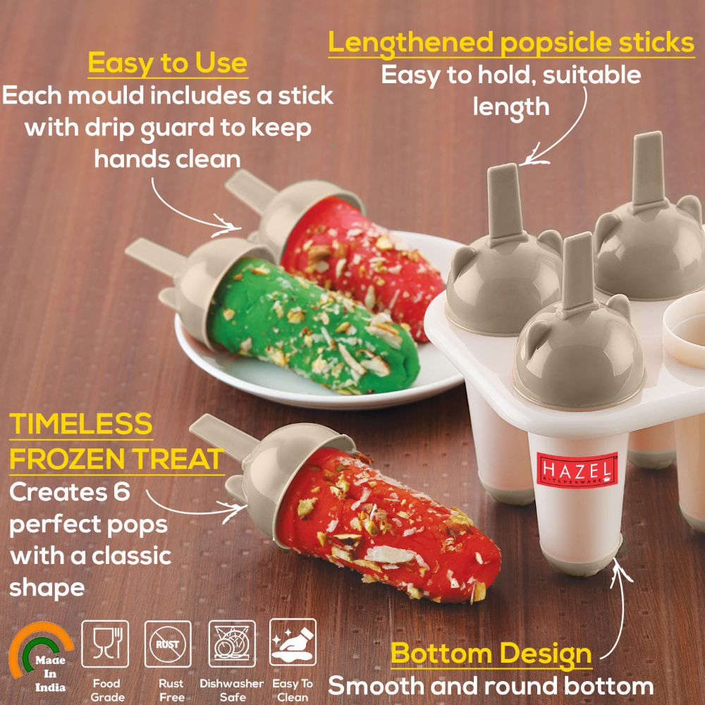 HAZEL Plastic Reusable Kulfi Mould Set of 6 | Kulfi Maker For Children and Adults | Homemade Candy Mould, Popsicle Moulds and Ice Candy Maker | HAZEL Brown