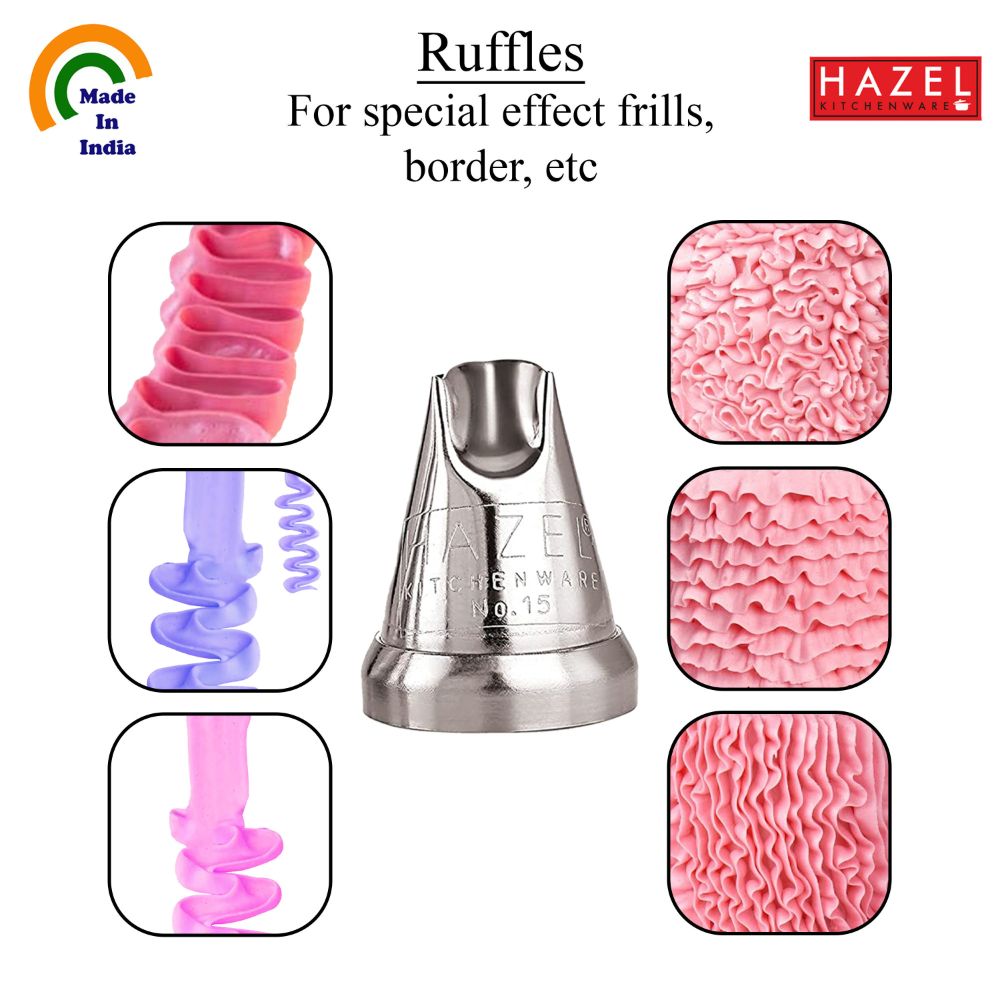 HAZEL Cake Nozzle | Cake Decorating Nozzle Set | Piping Bag Nozzle, (N15 Ruffles Shape) Silver