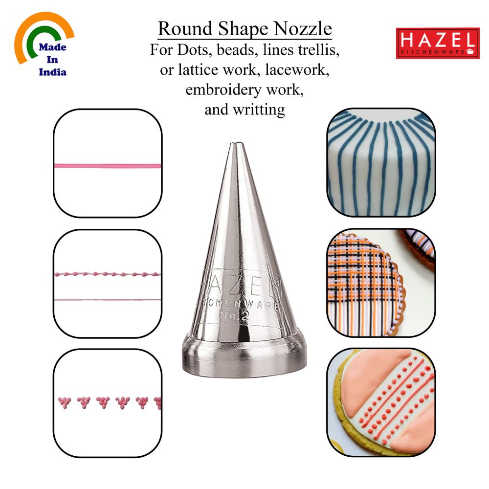 HAZEL Cake Nozzle | Cake Decorating Nozzle Set | Piping Bag Nozzle, (N2 Round Shape) Silver