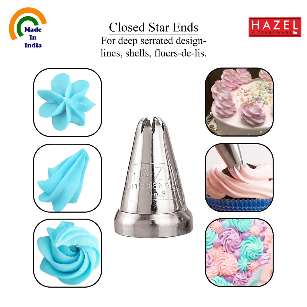 HAZEL Cake Nozzle | Cake Decorating Nozzle Set | Piping Bag Nozzle, (N8 Closed Star Shape) Silver
