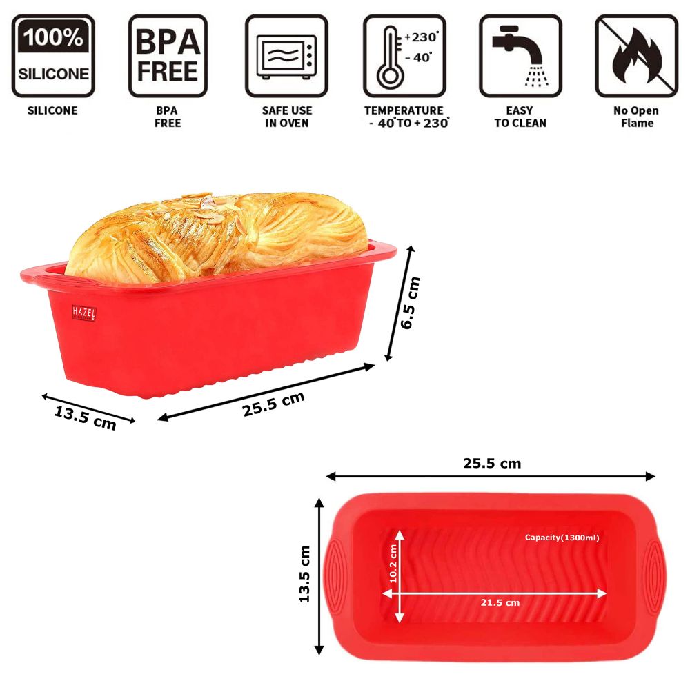 HAZEL Silicone Bread Loaf Mould Microwave Safe Non-Stick Bread Fruit Cake Baking Pan For House and Bakery, Red