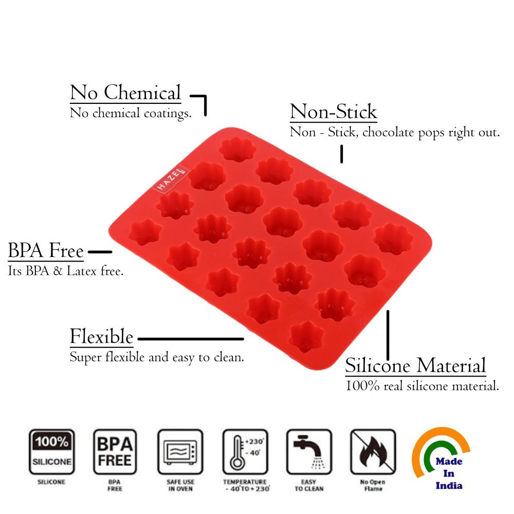 HAZEL Silicone Flower Chocolate Candy Jelly Pudding Dessert Molds Baking Mould, 20 Cavity Slots Oven Safe Food Grade Reusable, Multi Design, Red