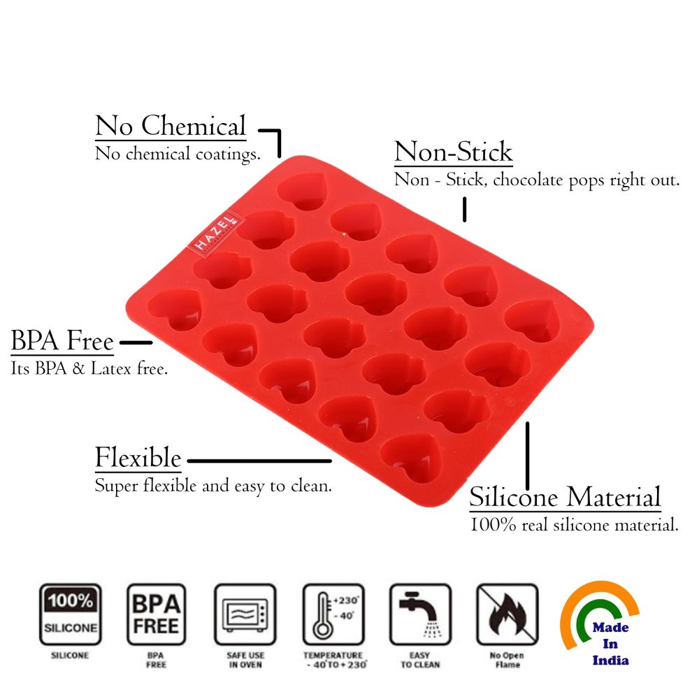 HAZEL Silicone Heart Chocolate Candy 3D DIY Homemade Baking Mould, 20 Cavity Slots Oven Safe Food Grade Reusable, Multi Design, Red