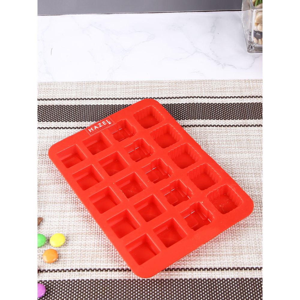 HAZEL Silicone Square Chocolate 3D Candy Baking Mould Tray Cake Soap Ice Cream Jelly 20 Cavity Slots Oven Safe Reusable, Multi Design, Red