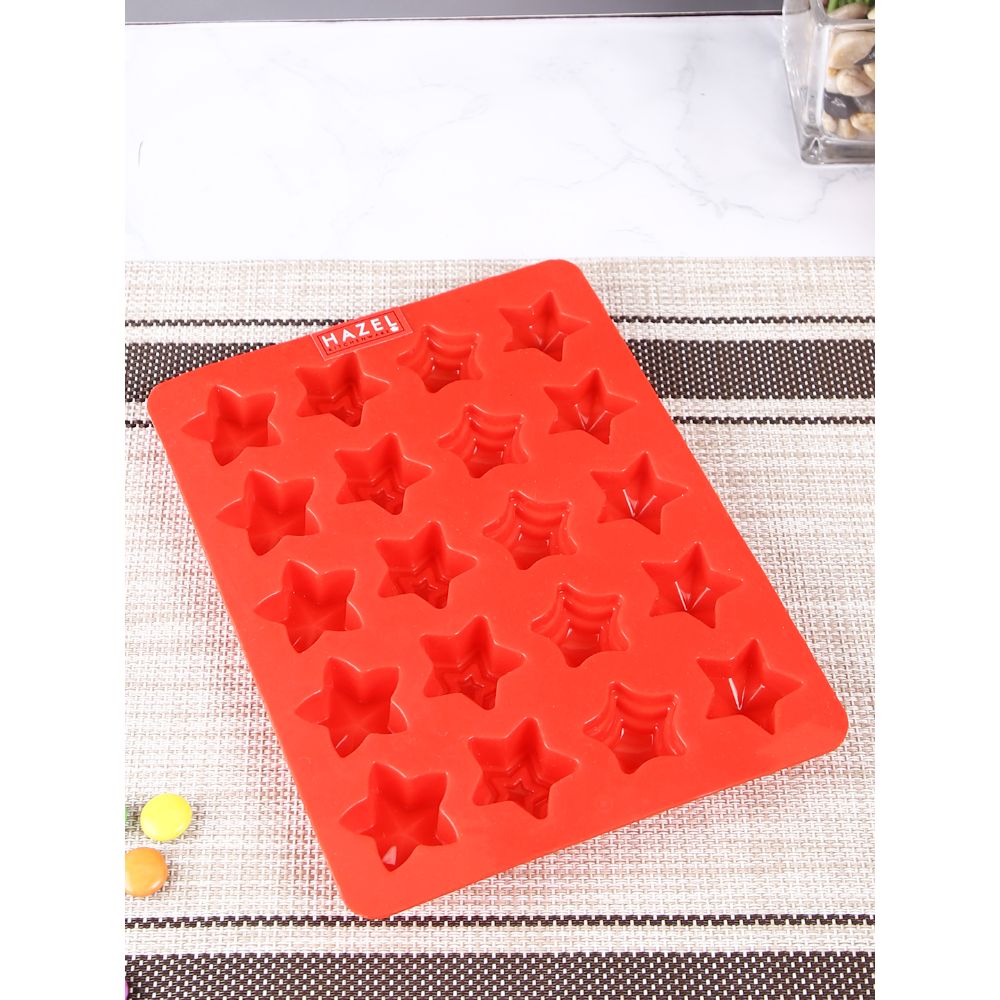 HAZEL Silicone 3D Star Shape Chocolate Mold DIY Homemade Jelly Candy Baking Mould Ice Cubes 12 Cavity Oven Safe Reusable, Multi Design, Red