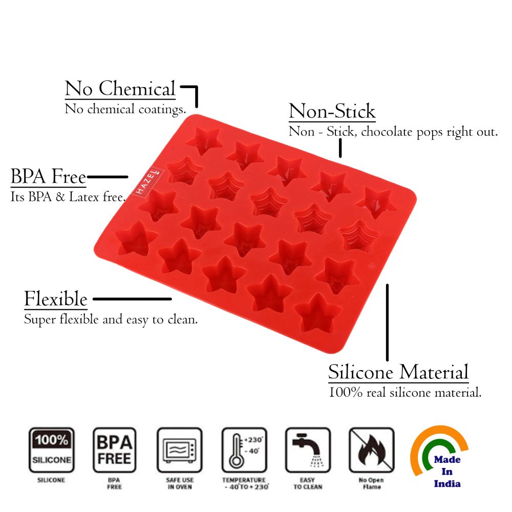 HAZEL Silicone 3D Star Shape Chocolate Mold DIY Homemade Jelly Candy Baking Mould Ice Cubes 12 Cavity Oven Safe Reusable, Multi Design, Red