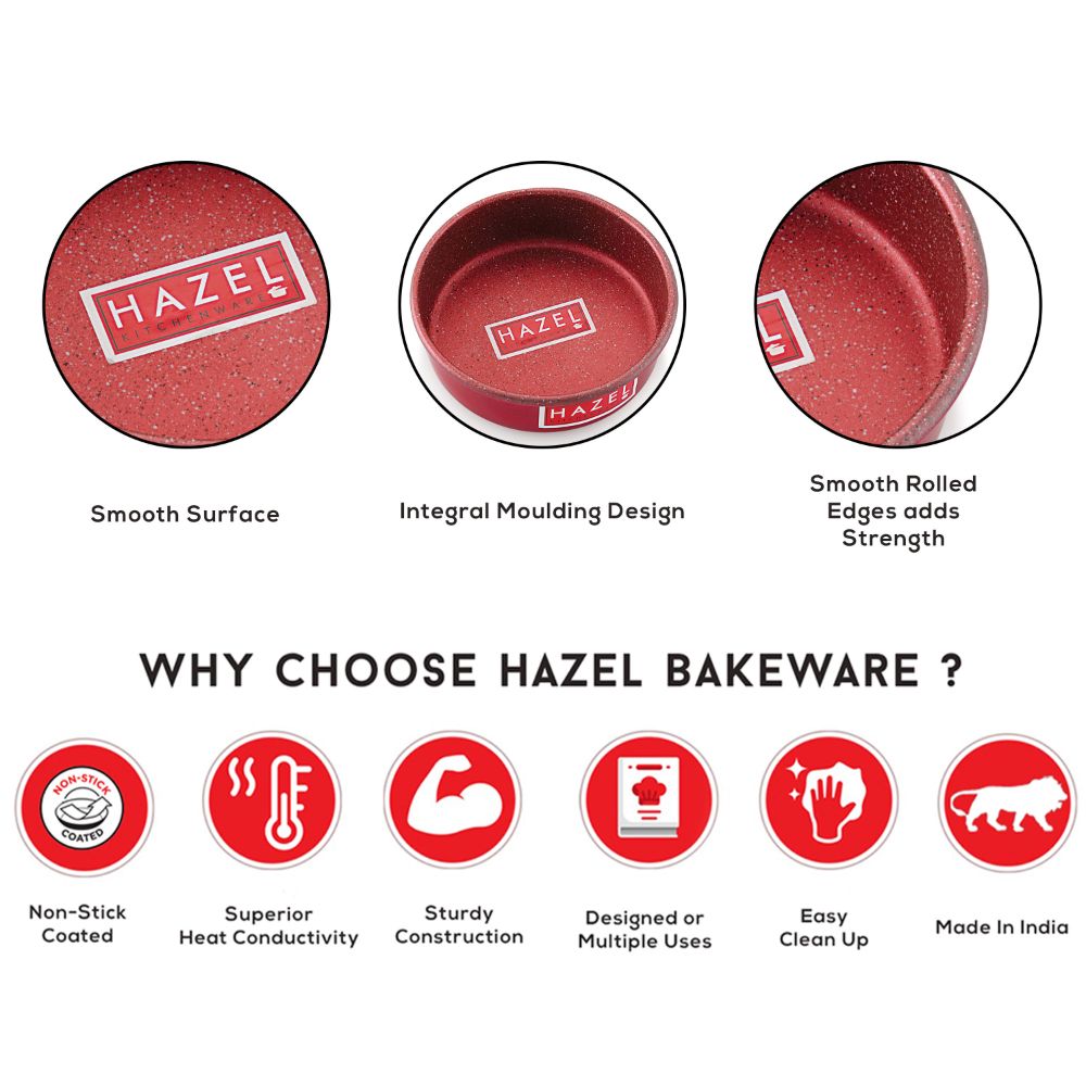 HAZEL Aluminium Cake Mould | Non Stick Cake Moulds for Baking | Round Shape Cake Tin | Diameter Size - 8 Inches, Depth - 2.5 Inch, Red