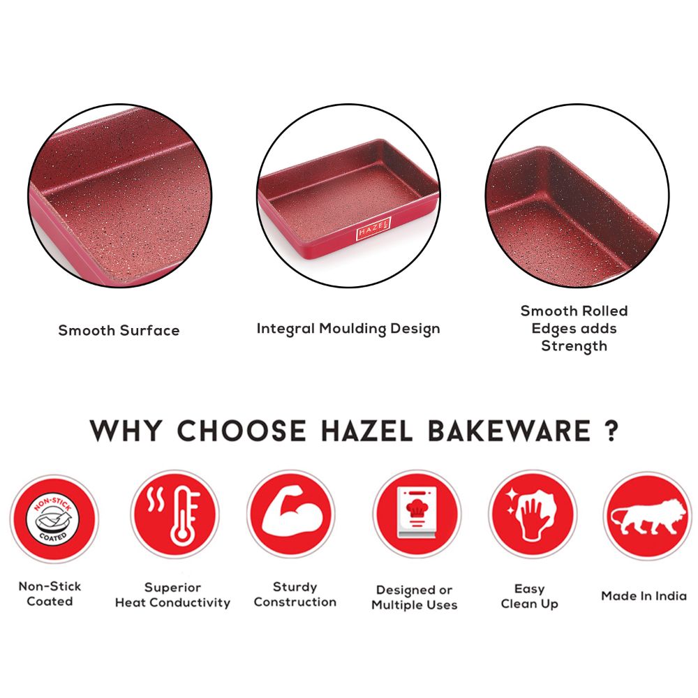 HAZEL Non Stick Bread Tray Microwave Oven OTG Aluminium Granite Finish Bakeware Baking Plate Pan, 2100 ML, Red