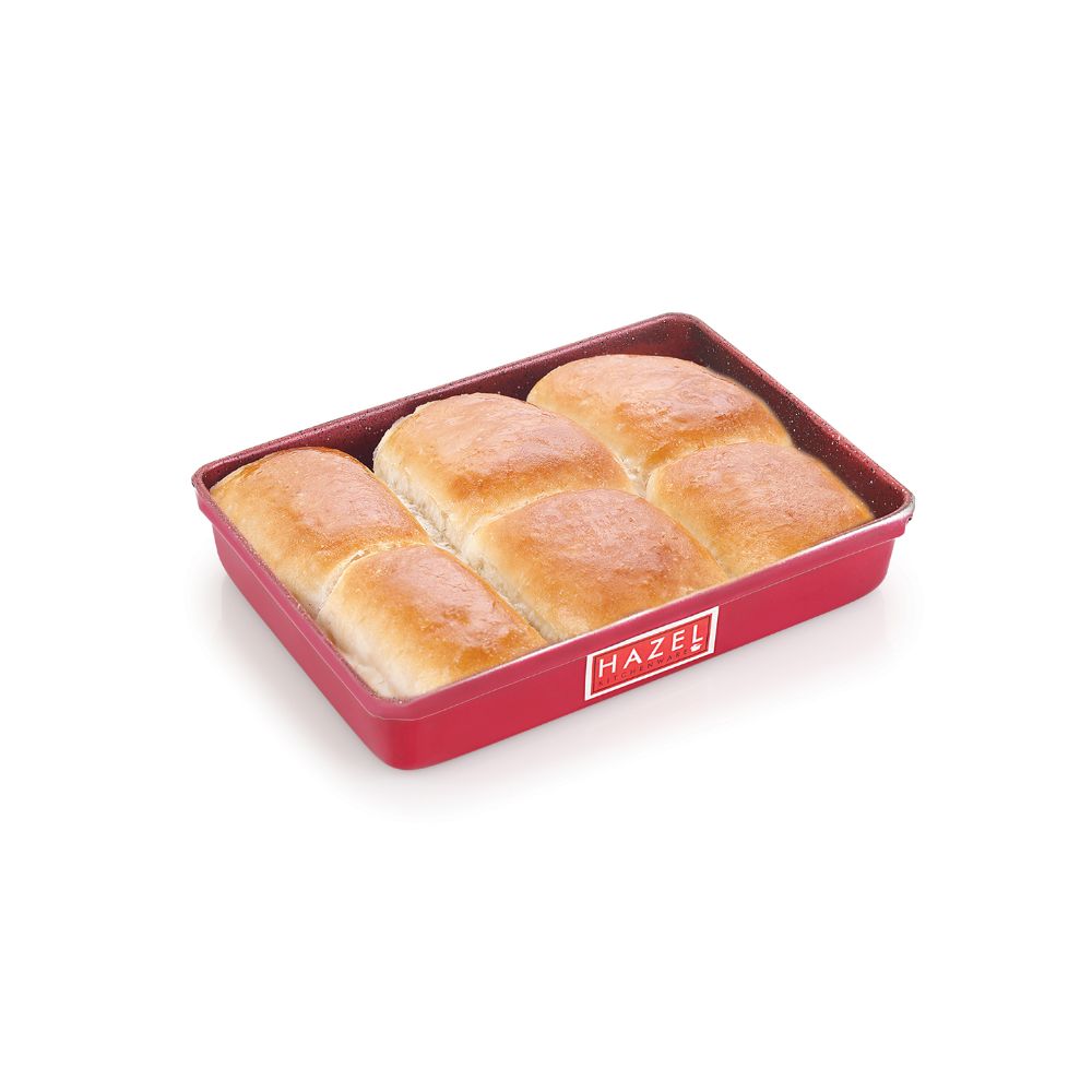 HAZEL Non Stick Bread Tray Microwave Oven OTG Aluminium Granite Finish Small Rectangle Pav Mould Bakeware Baking Plate Pan, Red