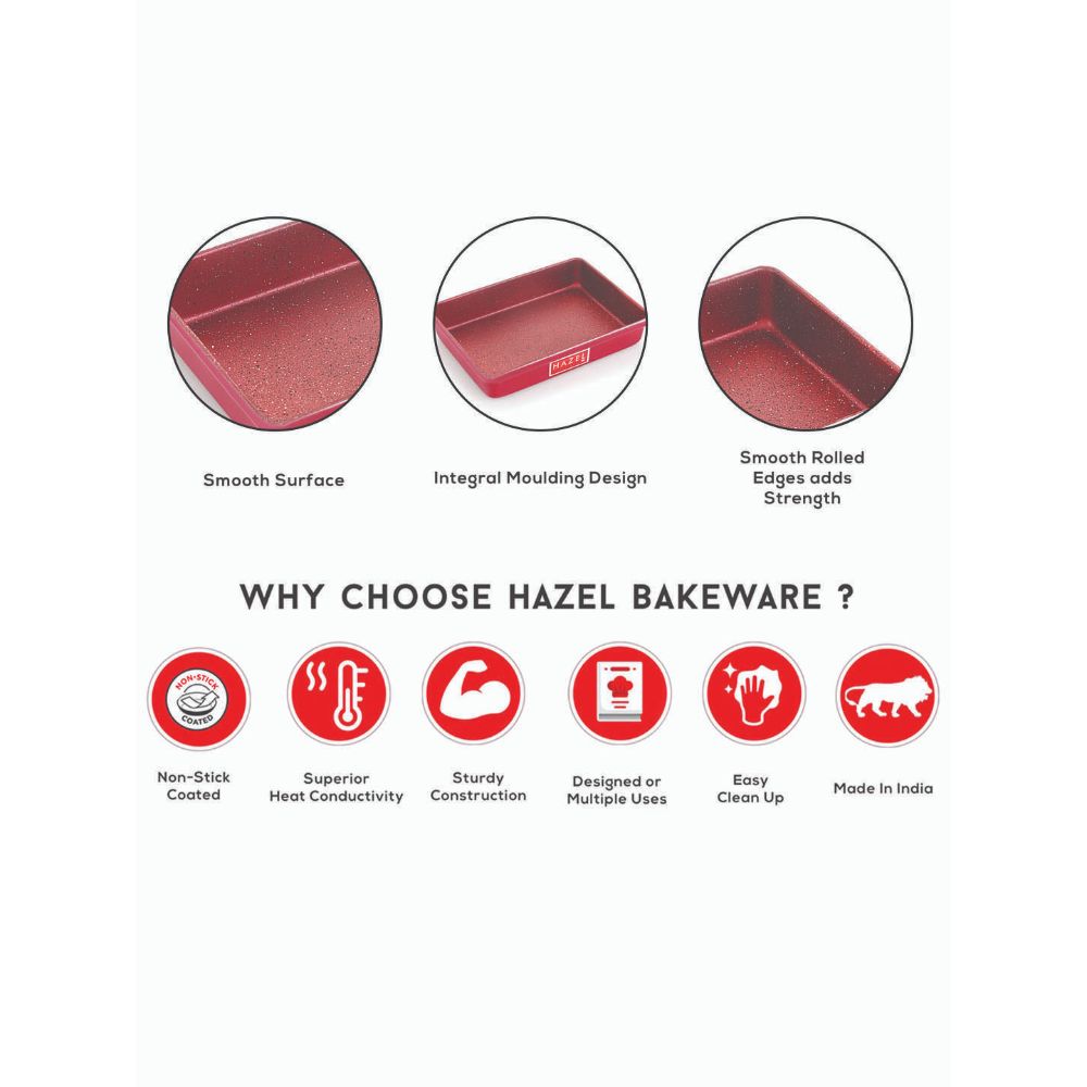 HAZEL Non Stick Bread Tray Microwave Oven OTG Aluminium Granite Finish Small Rectangle Pav Mould Bakeware Baking Plate Pan, Red