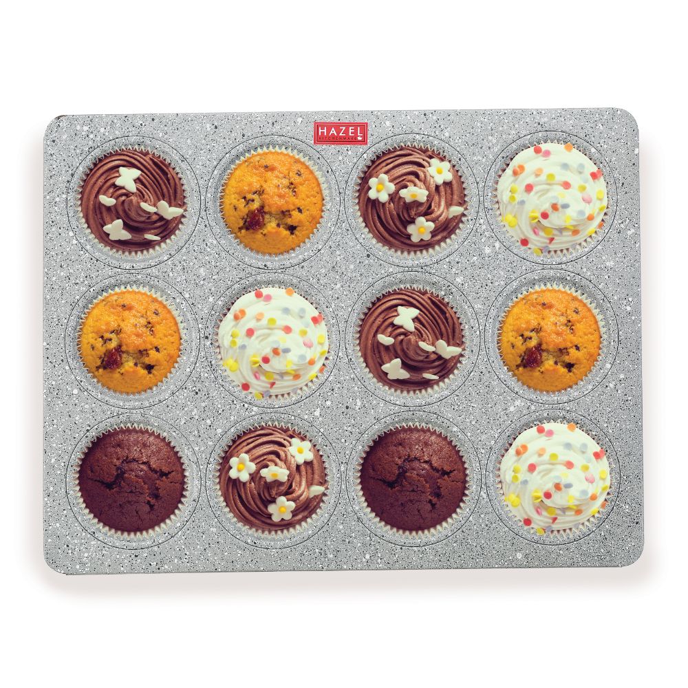 HAZEL Aluminium Cupcake Muffin Mould Microwave Safe 12 Cups Non Stick Granite Finish Mini Crown Muffin Pan Chocolate Baking Tray for House and Bakery, Grey