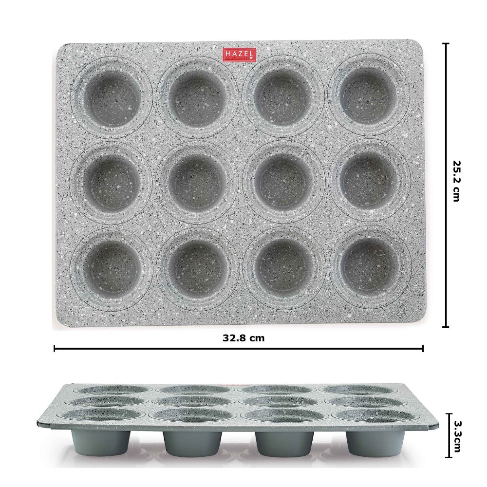 HAZEL Aluminium Cupcake Muffin Mould Microwave Safe 12 Cups Non Stick Granite Finish Mini Crown Muffin Pan Chocolate Baking Tray for House and Bakery, Grey