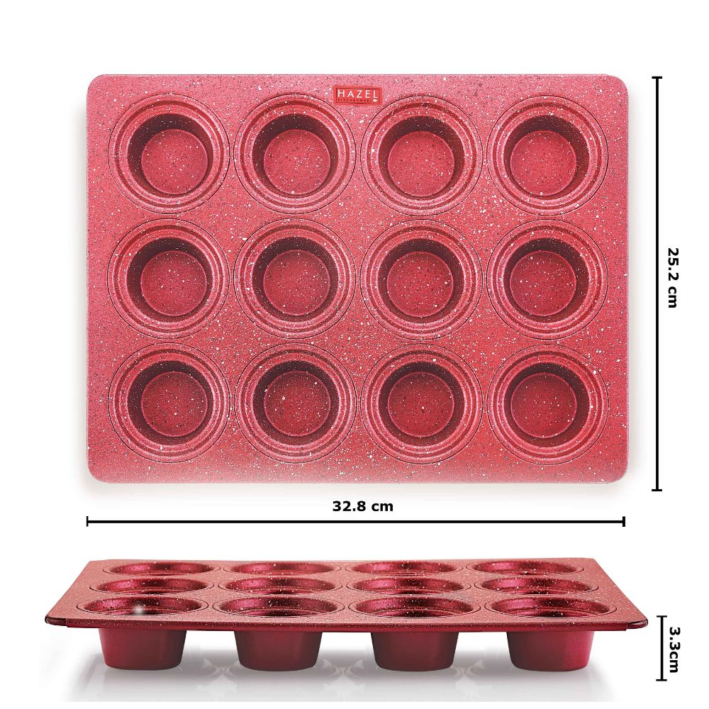 HAZEL Aluminium Cupcake Muffin Mould Microwave Safe 12 Cups Non Stick Granite Finish Mini Crown Muffin Pan Chocolate Baking Tray for House and Bakery, Red
