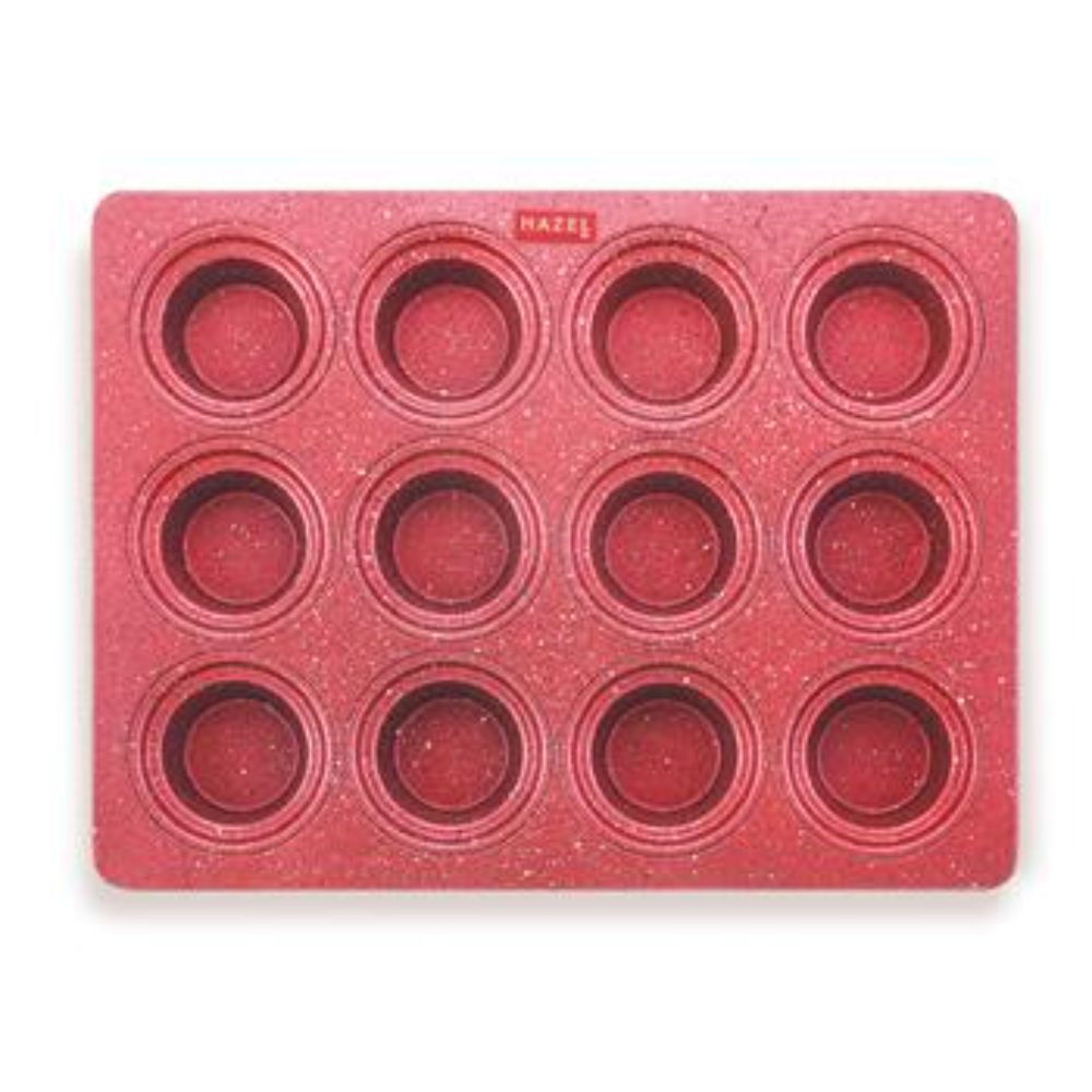 HAZEL Aluminium Cupcake Muffin Mould Microwave Safe 12 Cups Non Stick Granite Finish Mini Crown Muffin Pan Chocolate Baking Tray for House and Bakery, Red