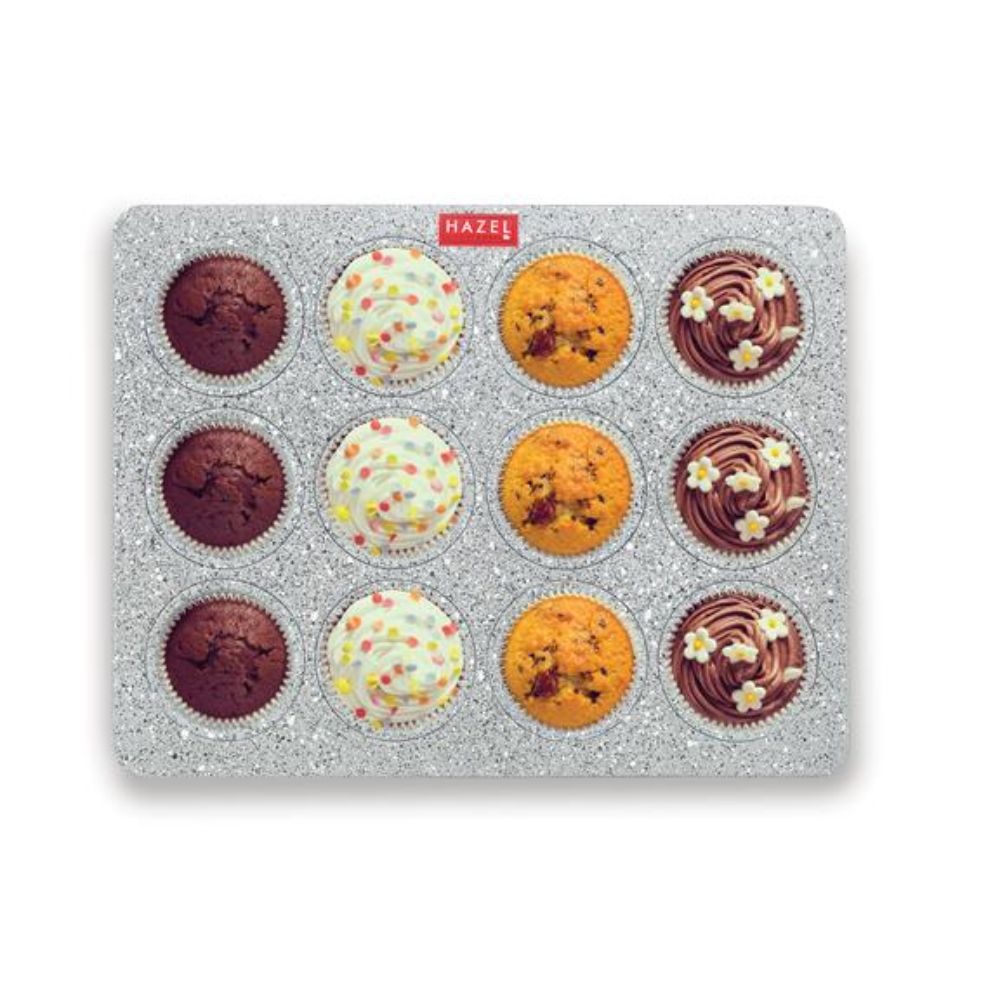 HAZEL Aluminium Cupcake Muffin Mould Microwave Safe 12 Cups Non Stick Granite Finish Muffin Pan Chocolate Baking Tray for House and Bakery, Grey