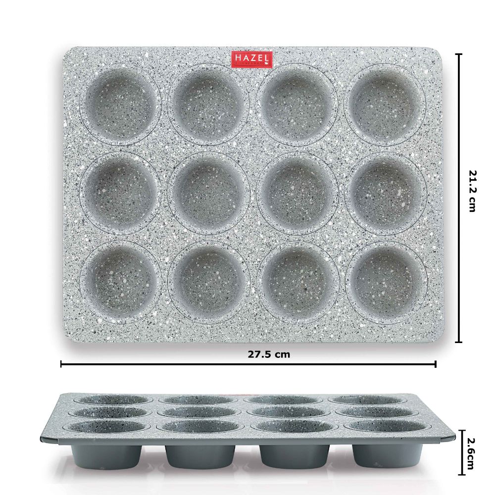 HAZEL Aluminium Cupcake Muffin Mould Microwave Safe 12 Cups Non Stick Granite Finish Muffin Pan Chocolate Baking Tray for House and Bakery, Grey