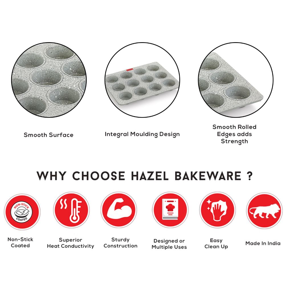 HAZEL Aluminium Cupcake Muffin Mould Microwave Safe 12 Cups Non Stick Granite Finish Muffin Pan Chocolate Baking Tray for House and Bakery, Grey