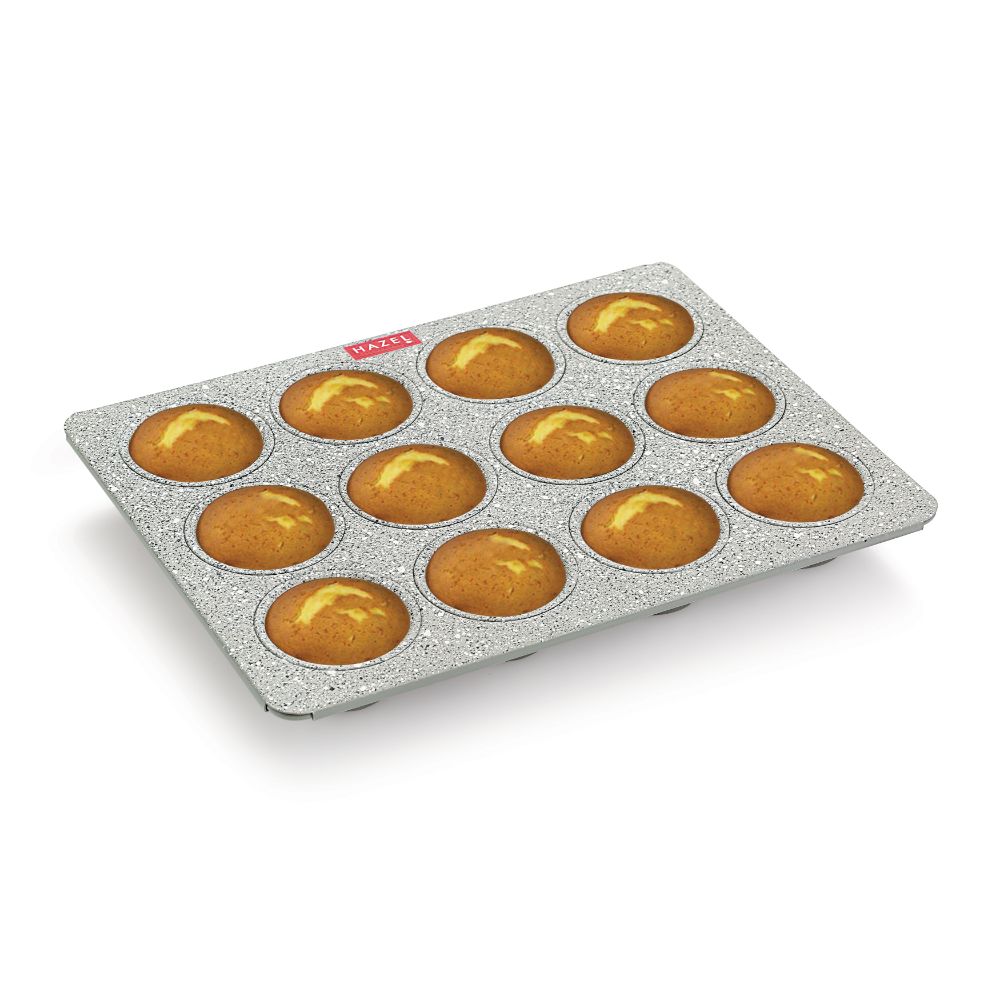 HAZEL Aluminium Cupcake Muffin Mould Microwave Safe 12 Cups Non Stick Granite Finish Muffin Pan Chocolate Baking Tray for House and Bakery, Grey