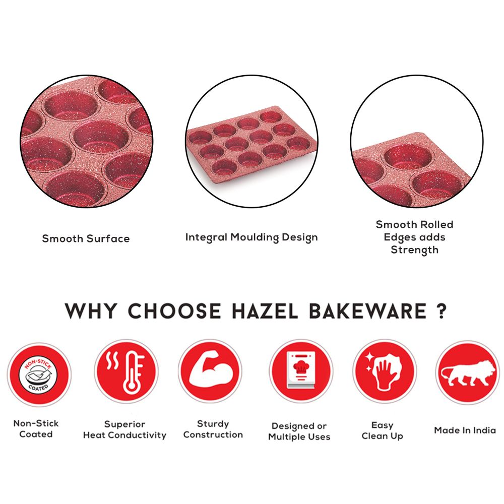 HAZEL Aluminium Cupcake Muffin Mould Microwave Safe 12 Cups Non Stick Granite Finish Muffin Pan Chocolate Baking Tray for House and Bakery, Red