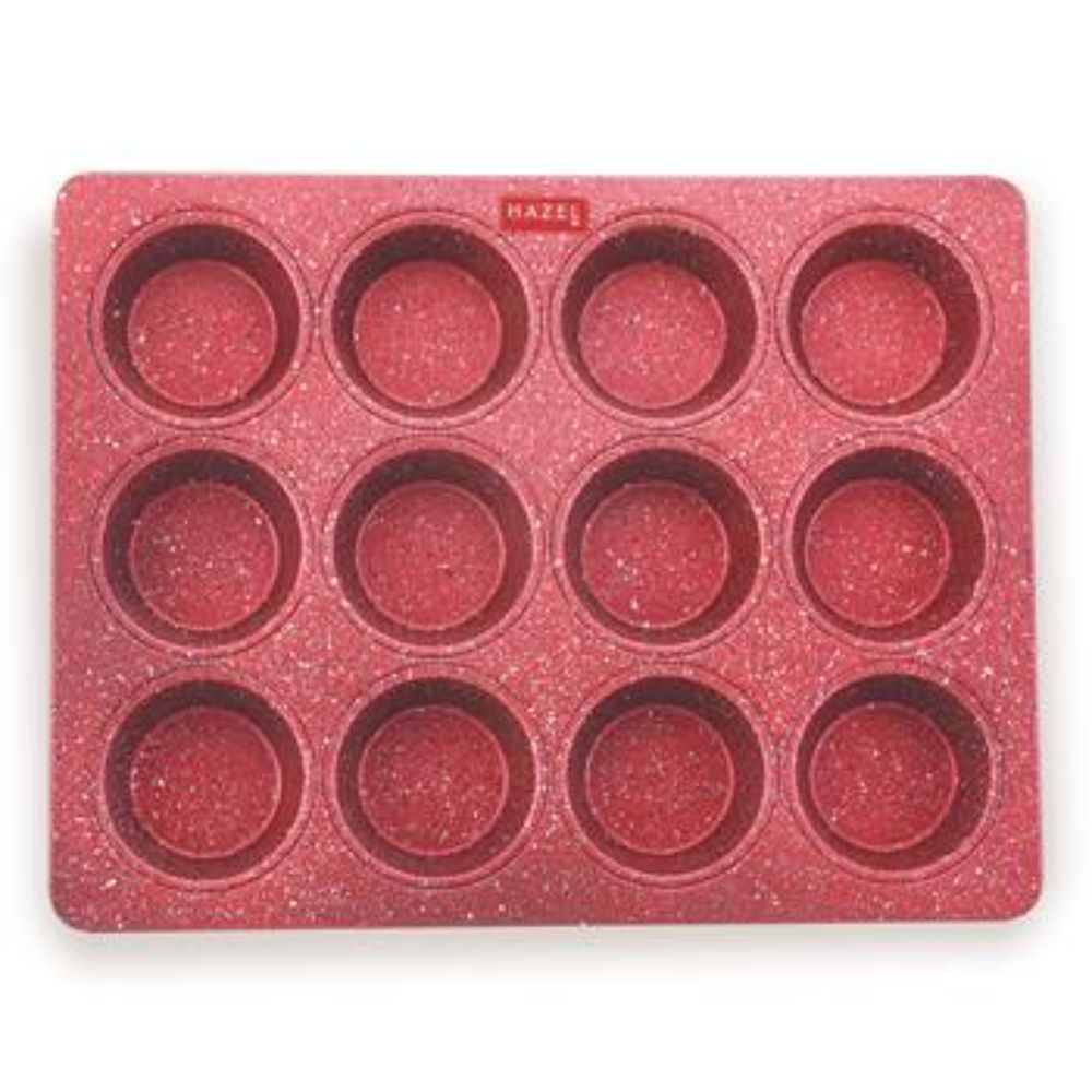 HAZEL Aluminium Cupcake Muffin Mould Microwave Safe 12 Cups Non Stick Granite Finish Muffin Pan Chocolate Baking Tray for House and Bakery, Red