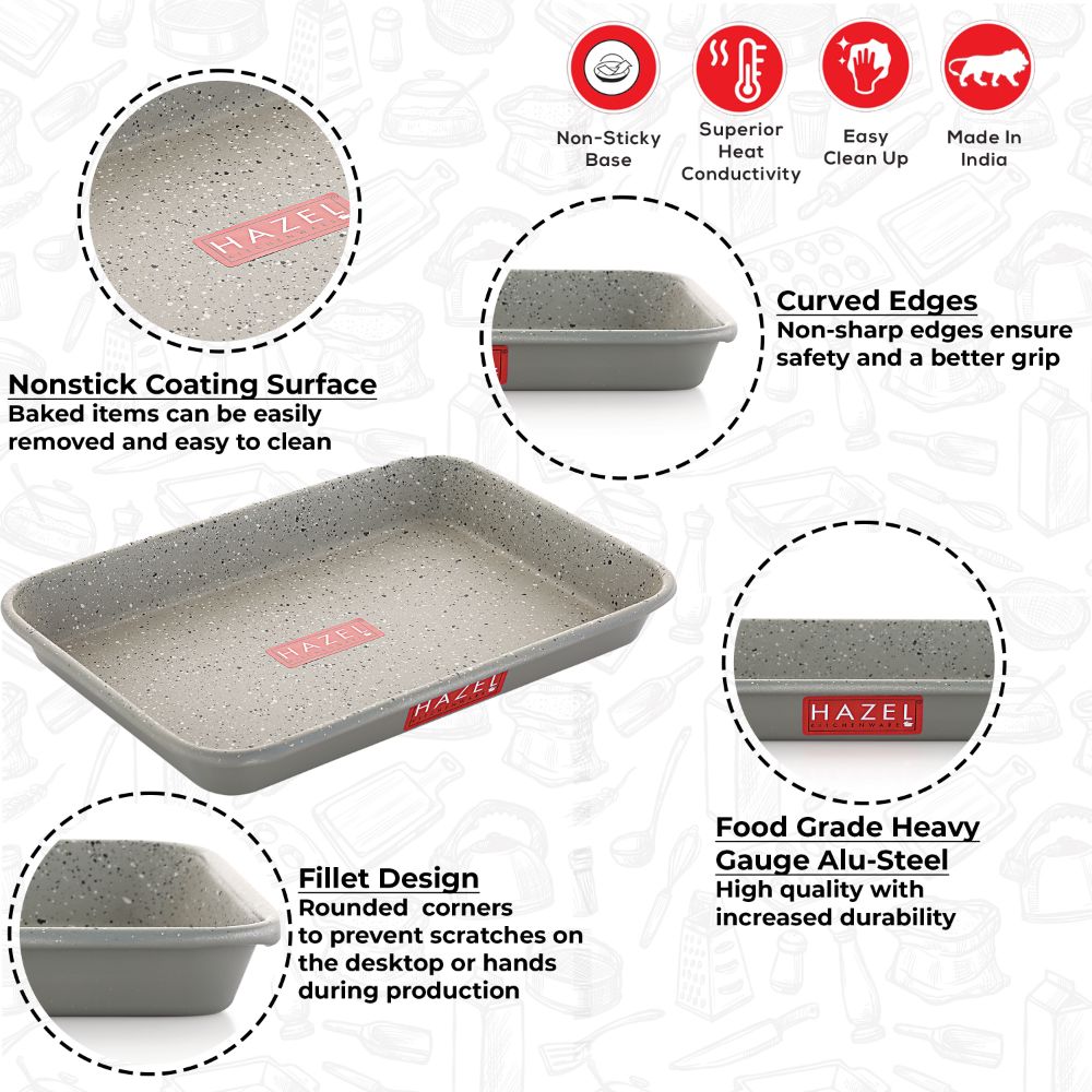 HAZEL Non Stick Cake Tray for Baking | Easy Release Rectangular Baking Tray For Homemade Cake with Granite Finish | Nonstick Burger Serving Tray | Aluminized Steel Cake Baking Tray, Grey