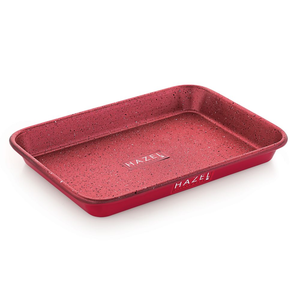 HAZEL Non Stick Cake Tray for Baking | Easy Release Rectangular Baking Tray For Homemade Cake with Granite Finish | Nonstick Burger Serving Tray |Aluminized Steel Cake Baking Tray, Red