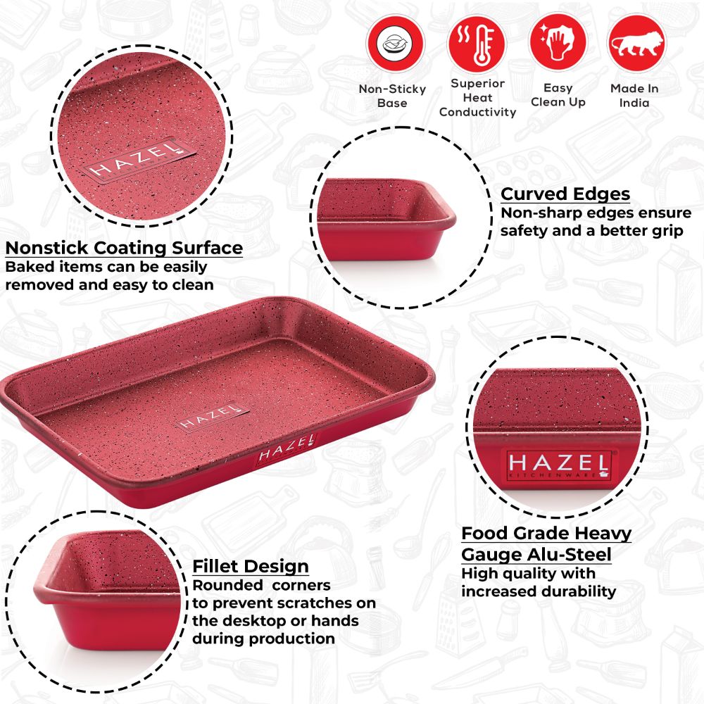 HAZEL Non Stick Cake Tray for Baking | Easy Release Rectangular Baking Tray For Homemade Cake with Granite Finish | Nonstick Burger Serving Tray |Aluminized Steel Cake Baking Tray, Red