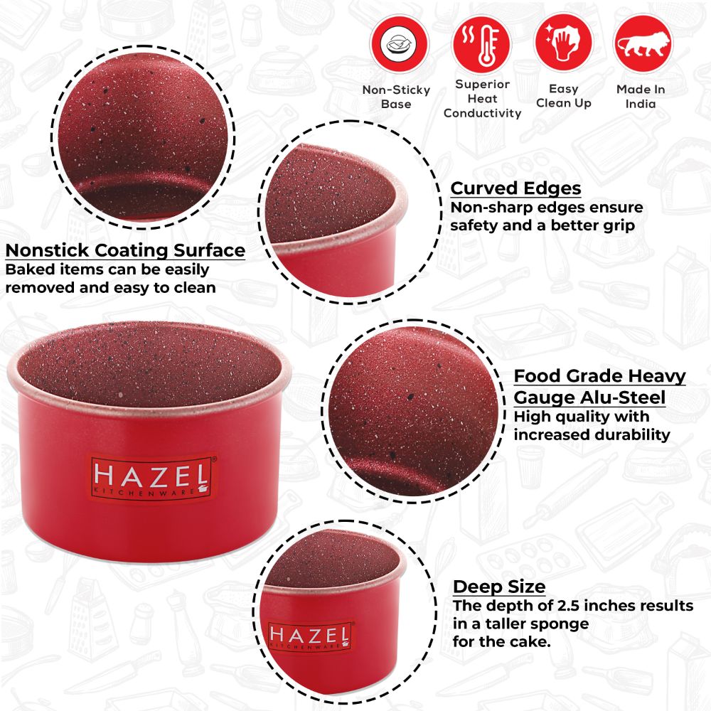 HAZEL Cake Mould for Baking for Small Cake | Mini Cake pan Non Stick Easy release With Granite Finish | Microwave Small Safe Cake Tins, Red (For 250 gram cake)
