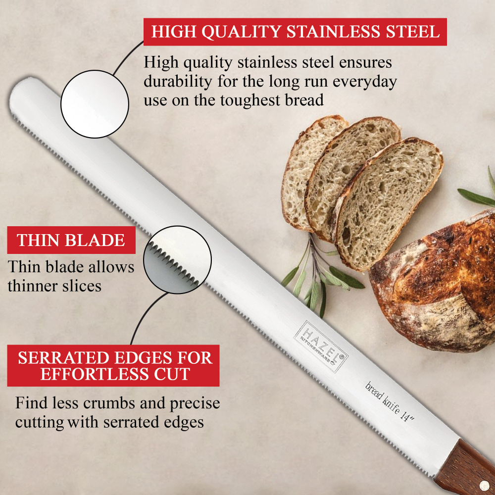 HAZEL Bread Knife For Cutting | 14 Inch Narrow Tooth Serrated Bread Cutting Knife with Wooden Handle | Stainless Steel Cake Cutter Slicer Tool