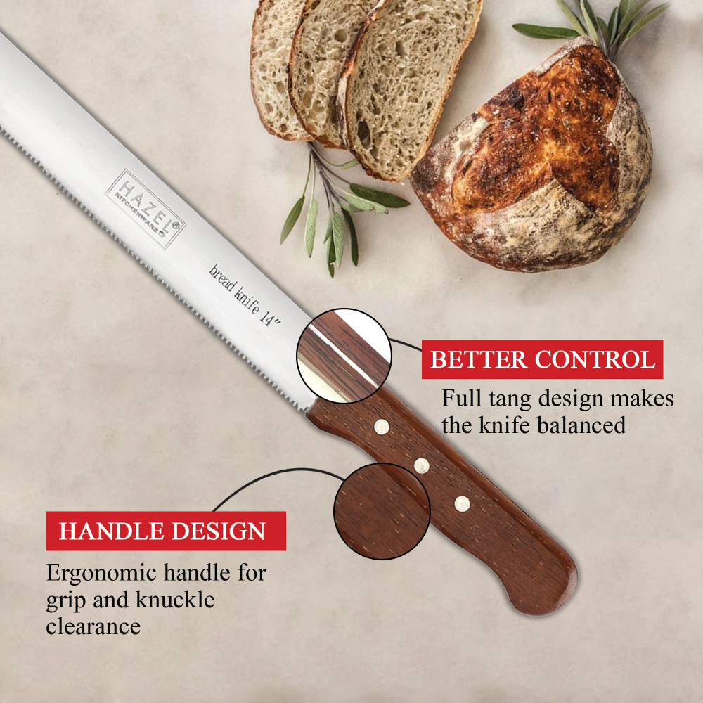 HAZEL Bread Knife For Cutting | 14 Inch Narrow Tooth Serrated Bread Cutting Knife with Wooden Handle | Stainless Steel Cake Cutter Slicer Tool