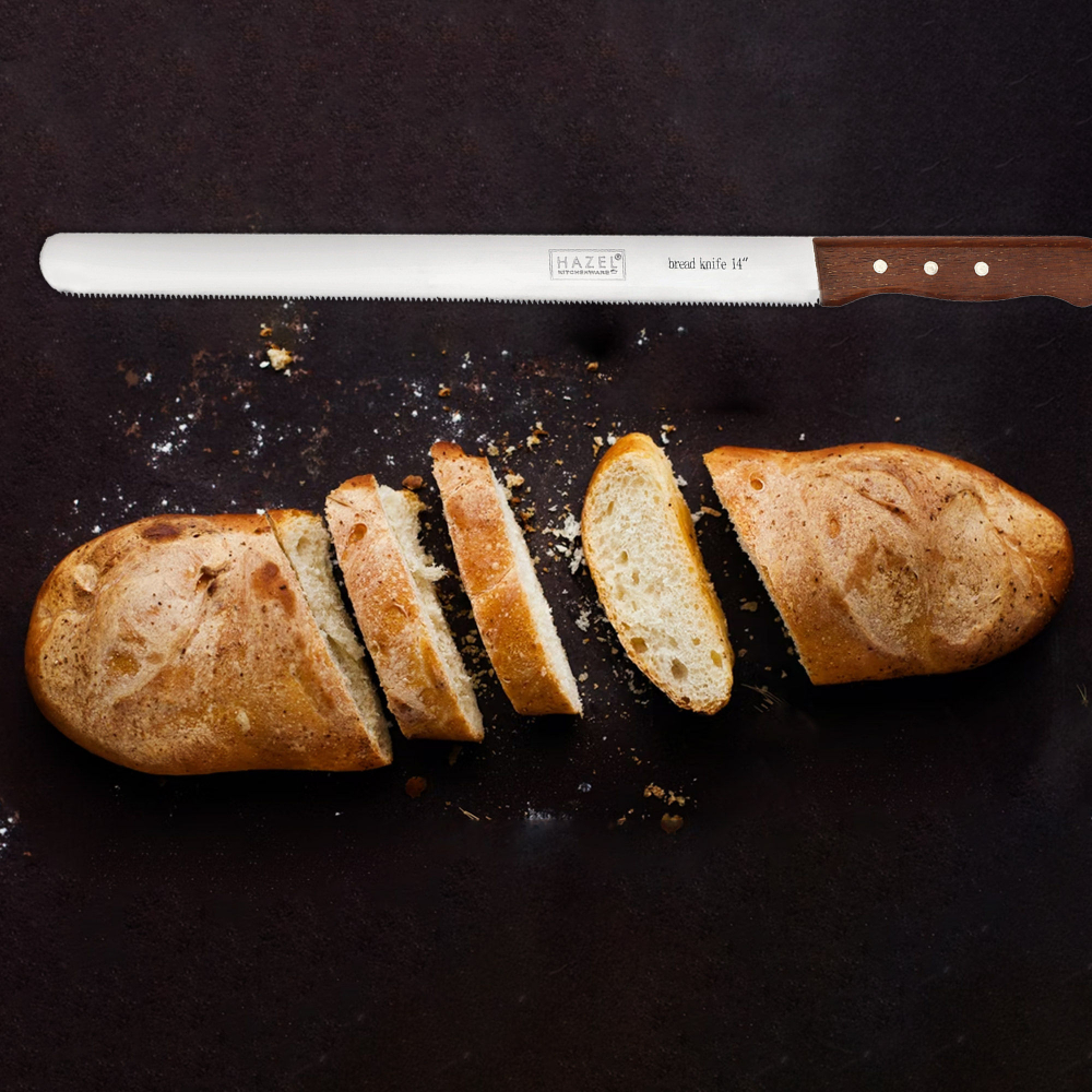 HAZEL Bread Knife For Cutting | 14 Inch Narrow Tooth Serrated Bread Cutting Knife with Wooden Handle | Stainless Steel Cake Cutter Slicer Tool