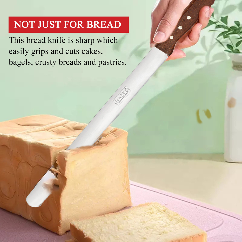 HAZEL Bread Knife For Cutting | 14 Inch Narrow Tooth Serrated Bread Cutting Knife with Wooden Handle | Stainless Steel Cake Cutter Slicer Tool