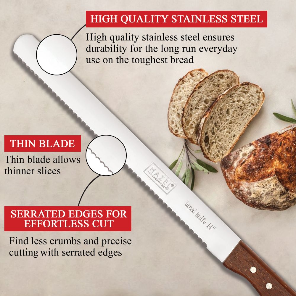 HAZEL Bread Knife For Cutting | 14 Inch Wide Tooth Serrated Bread Cutting Knife with Wooden Handle | Stainless Steel Cake Cutter Slicer Tool | Wide Tooth Bread Knife