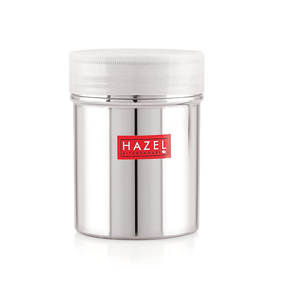 HAZEL Stainless Steel Powder Shaker And Plastic Lid Cap|Dredger without Handle |Salt And Pepper Cellar Cocoa Chocolate Powder Shaker, 310 ML, Silver
