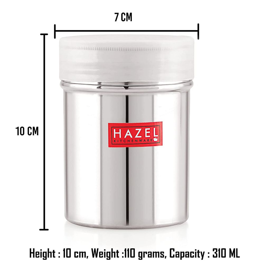 HAZEL Stainless Steel Powder Shaker And Plastic Lid Cap|Dredger without Handle |Salt And Pepper Cellar Cocoa Chocolate Powder Shaker, 310 ML, Silver