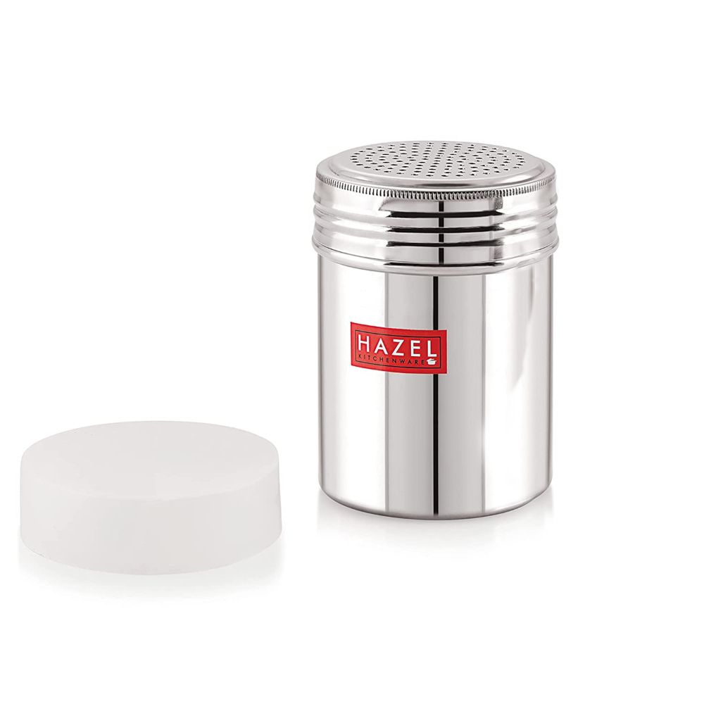 HAZEL Stainless Steel Powder Shaker And Plastic Lid Cap|Dredger without Handle |Salt And Pepper Cellar Cocoa Chocolate Powder Shaker, 310 ML, Silver