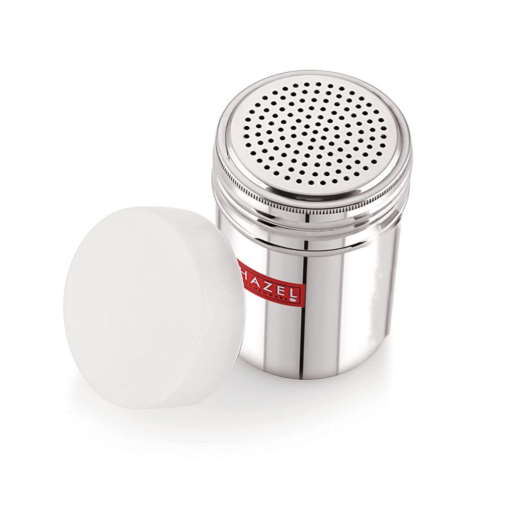 HAZEL Stainless Steel Powder Shaker And Plastic Lid Cap|Dredger without Handle |Salt And Pepper Cellar Cocoa Chocolate Powder Shaker, 310 ML, Silver