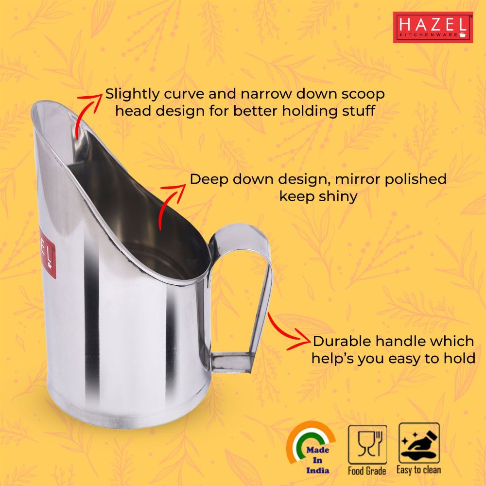 HAZEL Stainless Steel Scoop Spoon With Handle | Steel Scoops For Grocery Shop Store Equipment| Grocery Flour Grain Dry Foods Spice Scoop,Capacity 300 ml, Silver