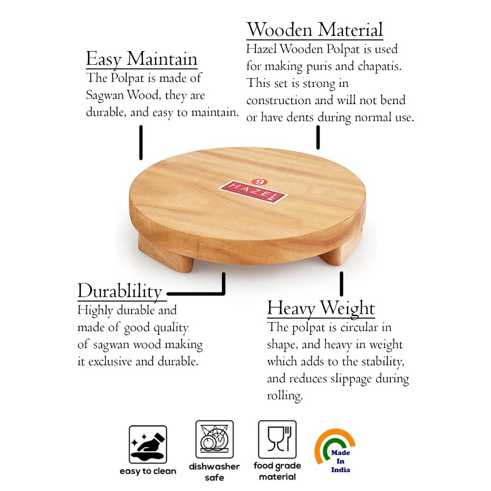 HAZEL Wooden Roti Polpat Chakla Chapati Maker Rolling Sagwan Board, 22.5 cm