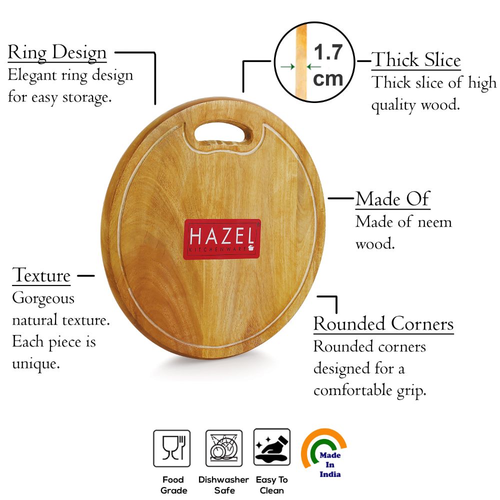 HAZEL Chopping Board Wooden Round|Neem Wood Vegetable Chopping Board For Kitchen|Oval Shape Thick Wooden Cutting Board, Diameter 30 cm