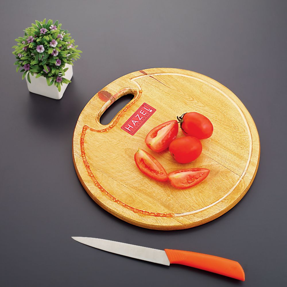 HAZEL Neem Wood Chopping Board Round|Vegetable Chopping Board Wooden For Kitchen|Oval Shape Thick Wooden Cutting Board, Diameter 33.5 cm