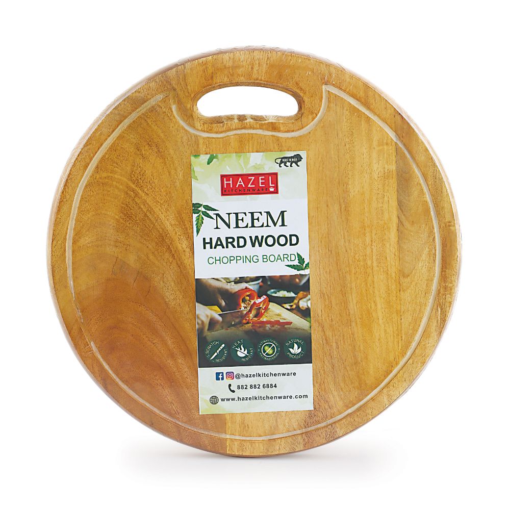 HAZEL Neem Wood Chopping Board Round|Vegetable Chopping Board Wooden For Kitchen|Oval Shape Thick Wooden Cutting Board, Diameter 33.5 cm