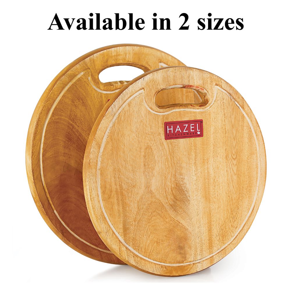 HAZEL Neem Wood Chopping Board Round|Vegetable Chopping Board Wooden For Kitchen|Oval Shape Thick Wooden Cutting Board, Diameter 33.5 cm