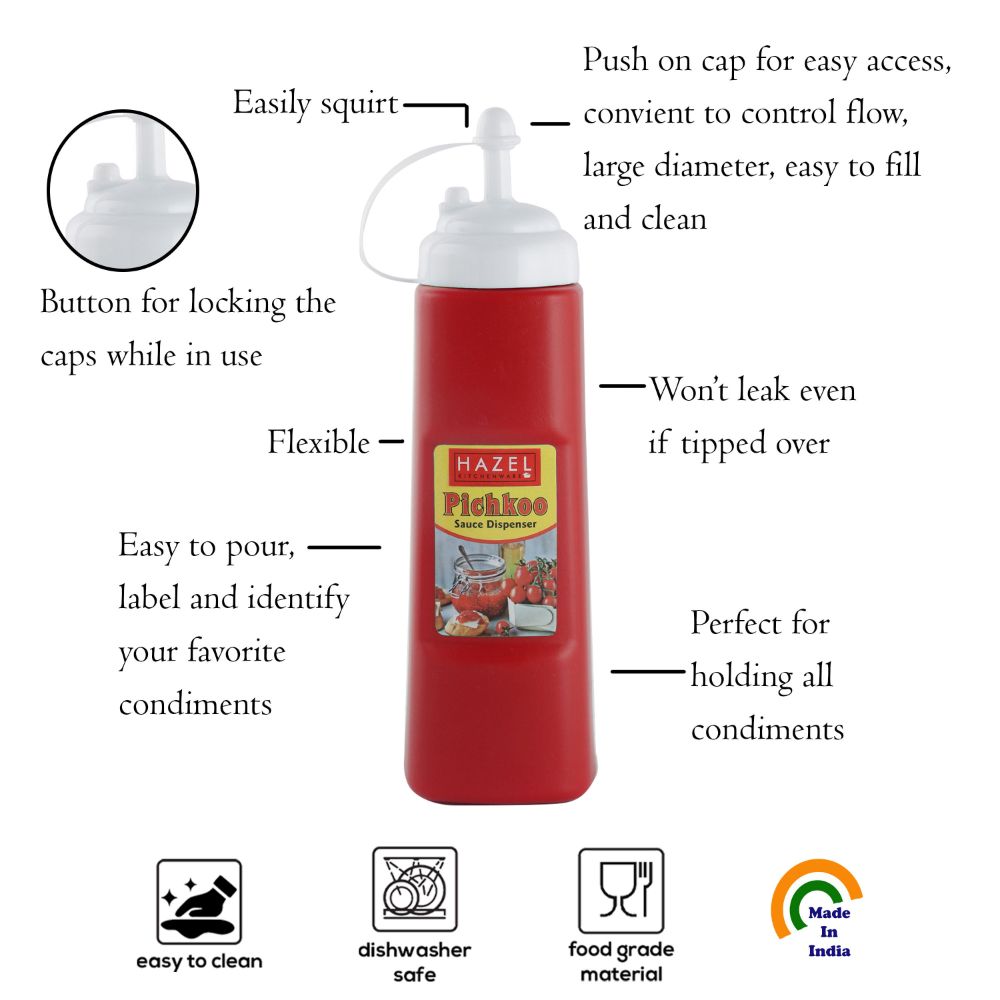 HAZEL Sauce Ketchup Bottle With Cap | Squeeze Bottle Plastic Food Grade | Tomato Sauce Bottle For Restaurants, Cafeterias, Food Trucks, Picnics, 560 ML, Red