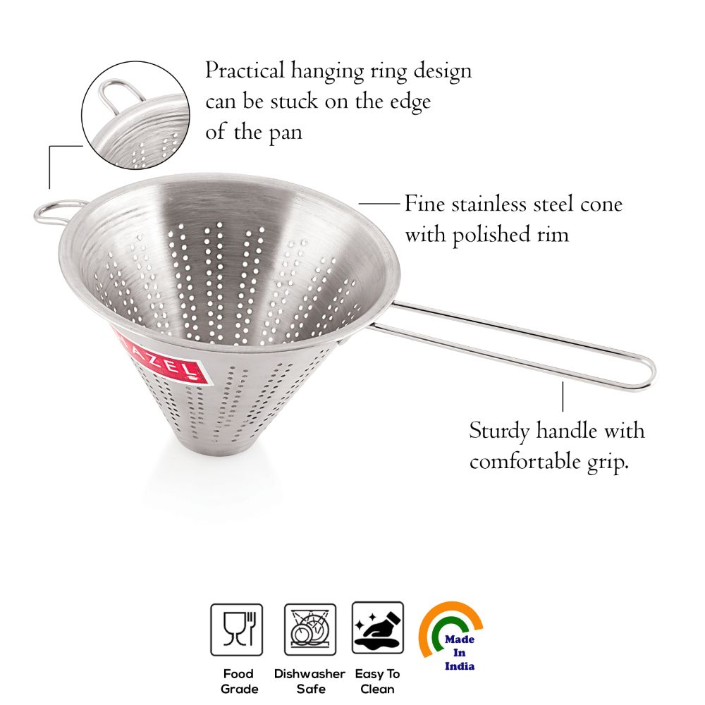 HAZEL Stainless Steel Rice Strainer | Colander Strainer Sieves With Handle Washing Rice, Fruits, Vegetables and Grains Washing Baskets Drainer, Diameter 16 cm