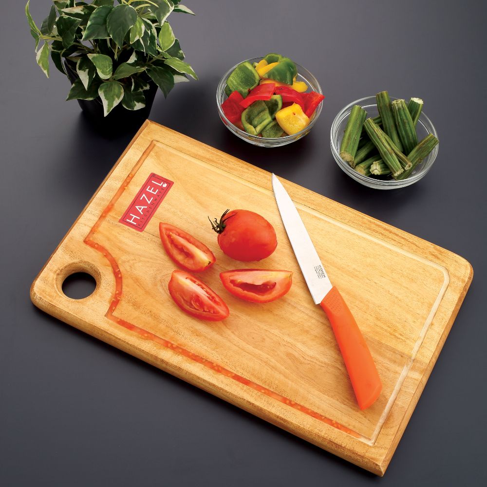 HAZEL Vegetable Chopping Board Made From Neem Wood |Chopping Board Wooden For Kitchen| Reactangle Shape Thick Wooden Cutting Board, 38.5 x 25.5 cm