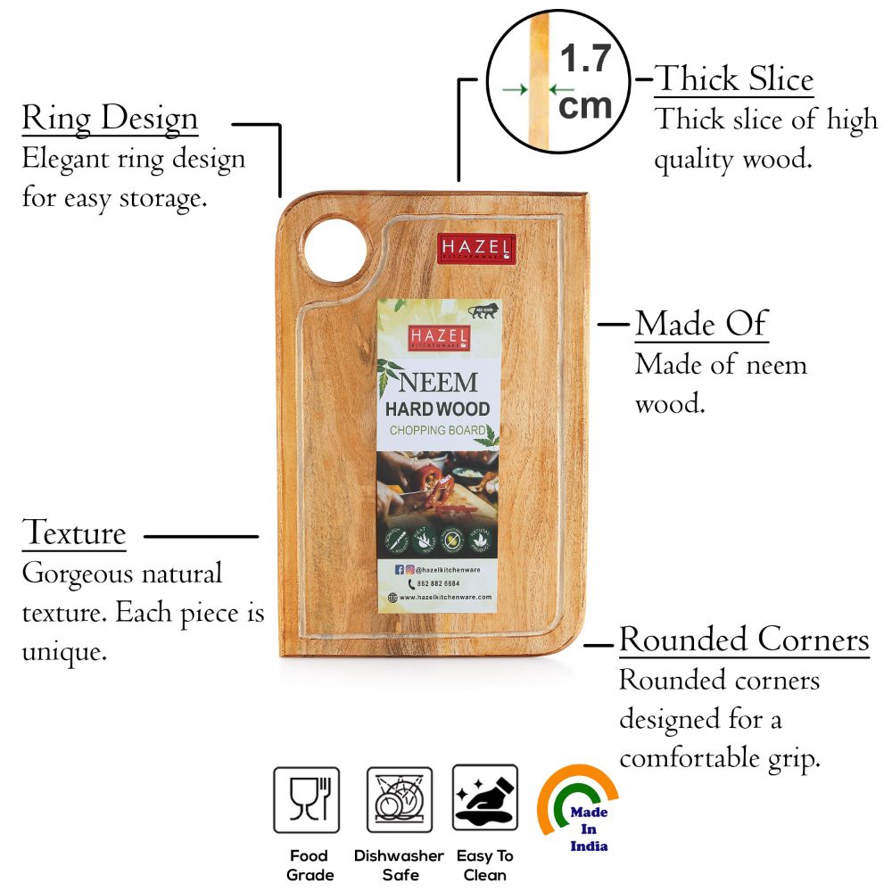 HAZEL Vegetable Chopping Board Made From Neem Wood |Chopping Board Wooden For Kitchen| Reactangle Shape Thick Wooden Cutting Board, 38.5 x 25.5 cm